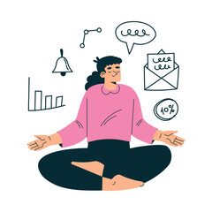 Aufkleber - Productive Workflow with Woman Sit in Meditation Pose Managing Task Vector Illustration