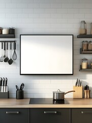 Canvas Print - A blank TV screen in a contemporary kitchen setup with various cooking utensils, ideal for showcasing cooking or tutorial videos.