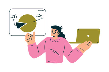 Aufkleber - Productive Workflow with Woman with Laptop and Chart Managing Task Vector Illustration