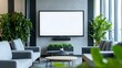 © Pascal - A blank TV screen in a modern office lounge with comfortable sofas, green plants, and a coffee table, for business or corporate videos.