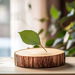 Wall Mural - rustic wooden tree slice podium with green leaf accents for natural product display, organic texture