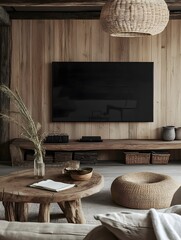 Canvas Print - A blank TV screen in a rustic-style living room with wooden decor, ideal for cozy, lifestyle-focused streaming service mockups.