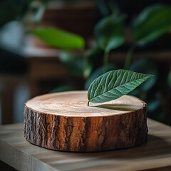 Wall Mural - rustic wooden tree slice podium with green leaf accents for natural product display, organic texture
