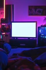 Wall Mural - A blank TV screen surrounded by gaming equipment in a living room, with neon lighting, perfect for gaming app or console previews