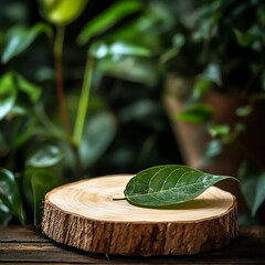 Wall Mural - rustic wooden tree slice podium with green leaf accents for natural product display, organic texture