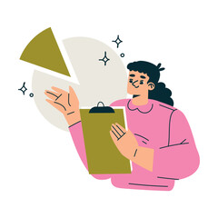 Aufkleber - Productive Workflow with Woman with Pie Chart and Clipboard Managing Task Vector Illustration
