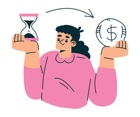 Fototapete - Productive Workflow with Woman with Hourglass and Money Managing Task Vector Illustration