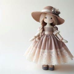 A handmade doll in a dress and hat with lace, set against a white background. AI generated.
