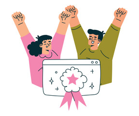 Fototapete - Productive Workflow with Man and Woman Cheering Gain Certificate of Success Managing Task Vector Illustration