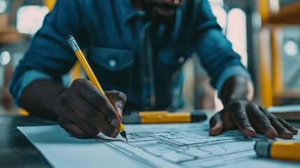 Wall Mural - a close-up of a black architect sketching designs on paper, surrounded by creative tools and bluepri