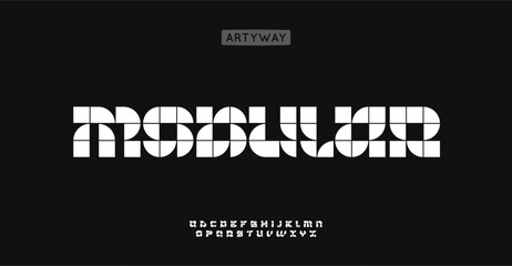 Aufkleber - Modular tile alphabet, square module pattern letters, geometric grid font for digital logo, technological headline, contemporary typography, modern typographic design. Vector typeset
