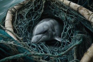 Captivating Aquatic Encounter: A Dolphin Nestled in Fishing Nets