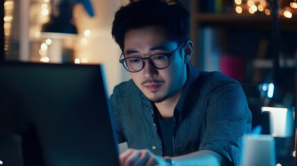 Wall Mural - Asian man software engineer Working on Computer at office desk for writing program code IT Software Engineer finding errors tech support devops creating digital