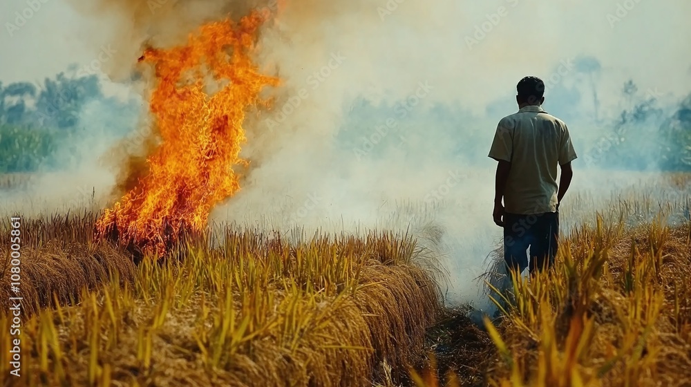 An indian man setting fire to a dry crop field. Stock Photo | Adobe Stock