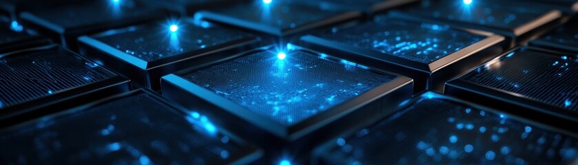 Minimalist solar cell array glowing with blue light, symbolizing clean energy and sustainable technology.
