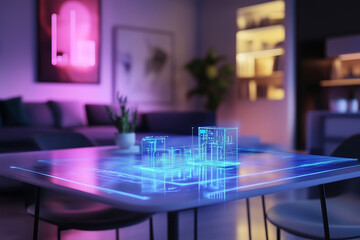 Wall Mural - table with a blue circle on it that has a city in the middle. the city is made of lights and is floa