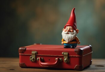 a cute gnome figurine perched on a vintage red suitcase