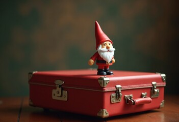 a cute gnome figurine perched on a vintage red suitcase