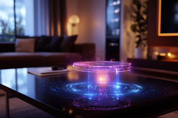 Wall Mural - table with a glowing object on it. the object is surrounded by a purple and blue light. the table is