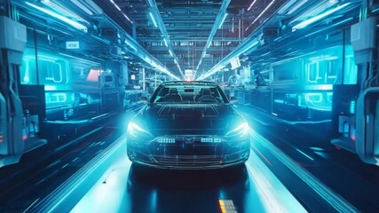 Wall Mural - panoramic view of a car manufacturing plant showing automated assembly line, high-tech robotics in a