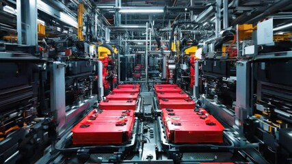 Wall Mural - Panoramic view of an advanced car battery production facility, with automated machinery in the upper section working on battery assembly