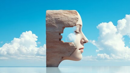 Wall Mural - woman's face is carved out of a rock, with the sky above her. concept of mystery and intrigue, as th