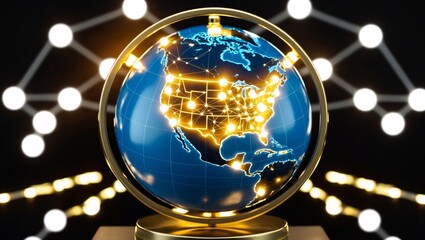 A glowing, digital globe surrounded by lines and dots on a black background.