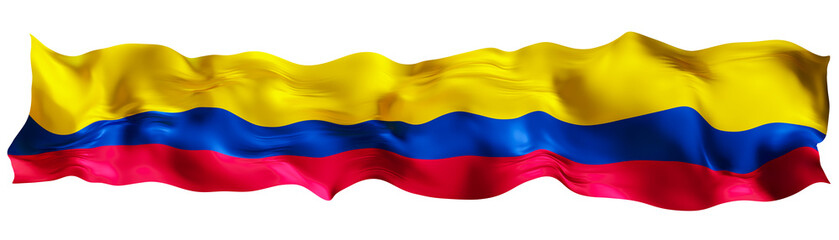 Stylized flag of Colombia waving in the wind on transparent background. Footer, header or divider. Cut out wide, panoramic element. Banner for patriotic themes or national event promotions. 3D.