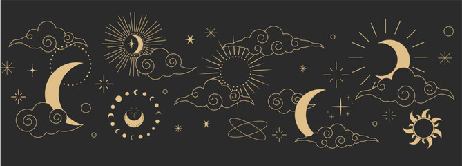 Wall Mural - celestial seamless border, witch spiritual decoration with asian clouds moon, sun burst and stars. l