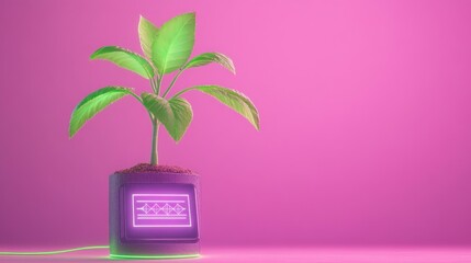 Aufkleber - Stylish plant illuminates modern space with neon glow