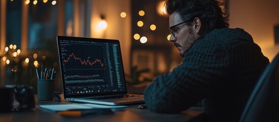 Wall Mural - a man wearing glasses sits at a desk looking intently at a laptop screen with a graph of stock marke