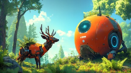 Aufkleber - Explore the fusion of nature and technology a cybernetic deer meets a futuristic sphere