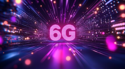 Fototapete - Futuristic 6G Technology Visualization Highlighting Innovation, High-Speed Connectivity, and Cutting-Edge Advancement in a Digital Virtual World, Generative AI