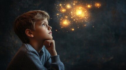 Wall Mural - Dreaming Child Gazing at Starry Night Sky Filled with Glowing Galaxies, Evoking Imagination, Curiosity, and Cosmic Wonder, Generative AI