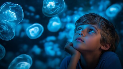 Wall Mural - Dreaming Child Gazing at Starry Night Sky Filled with Glowing Galaxies, Evoking Imagination, Curiosity, and Cosmic Wonder, Generative AI