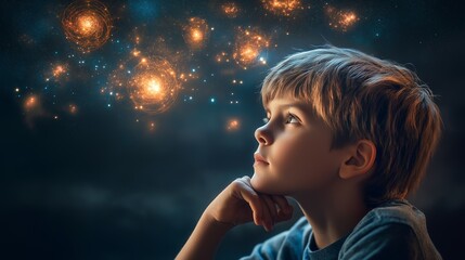 Wall Mural - Dreaming Child Gazing at Starry Night Sky Filled with Glowing Galaxies, Evoking Imagination, Curiosity, and Cosmic Wonder, Generative AI