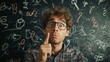 © Elena - Casual young man with glasses gestures thoughtfully against a backdrop of chalkboard covered in handwritten equations and symbols