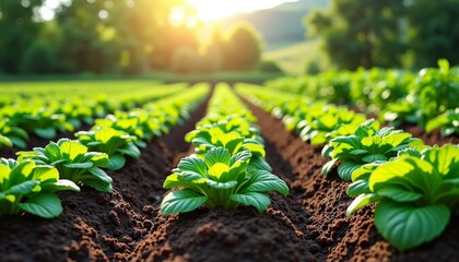 Sticker -  Vibrant green crops in a field bathed in sunlight