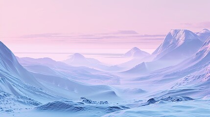 Wall Mural - Mountain views at dawn, with soft blues and lavender, misty valleys and a peaceful and calming atmosphere.