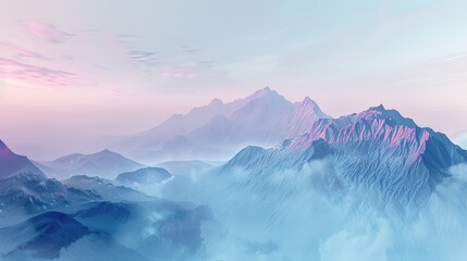 Wall Mural - Mountain views at dawn, with soft blues and lavender, misty valleys and a peaceful and calming atmosphere.