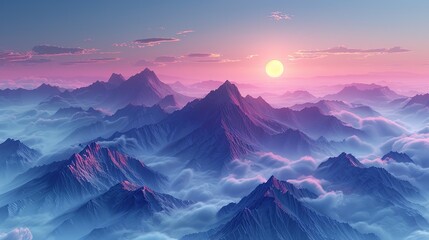 Wall Mural - Mountain views at dawn, with soft blues and lavender, misty valleys and a peaceful and calming atmosphere.