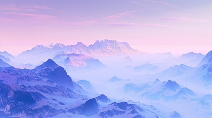 Wall Mural - Mountain views at dawn, with soft blues and lavender, misty valleys and a peaceful and calming atmosphere.