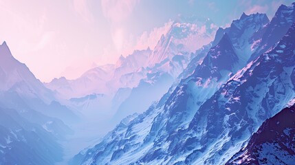 Wall Mural - Mountain views at dawn, with soft blues and lavender, misty valleys and a peaceful and calming atmosphere.