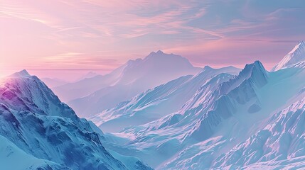 Wall Mural - Mountain views at dawn, with soft blues and lavender, misty valleys and a peaceful and calming atmosphere.