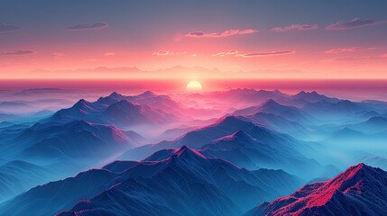 Wall Mural - Mountain views at dawn, with soft blues and lavender, misty valleys and a peaceful and calming atmosphere.