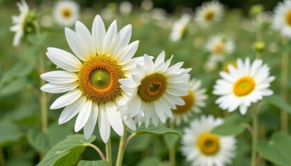 Canvas Print -  Blooming Joy  A Field of White and Yellow Sunflowers