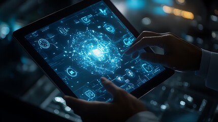 Business person holding an Pad displaying technology background