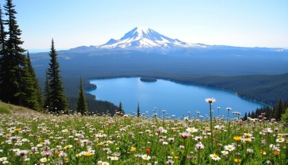 Wall Mural -  Enchanting alpine meadow with vibrant wildflowers and majestic mountain backdrop