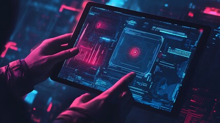 Business person holding an Pad displaying technology background