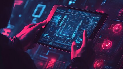 Business person holding an Pad displaying technology background